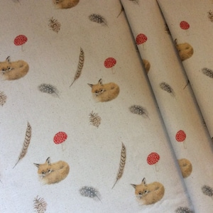 Fox and Feathers Fabric by artist Leila Winslade. 100% Organic Cotton Half Panama