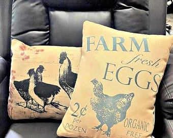 Set of Two Farmhouse Throw Pillows * Roosters Hen Eggs for Sale * Outdoor Patio Decorative Pillows * Beige Black Red Blue