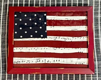 Handmade Americana Framed Flag Wall Decor * Red Chippy Frame * Rustic Farmhouse Patriotic Wall Decor * Wool Felt and Fabric Red White Blue