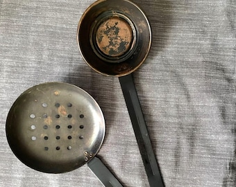 Antique Dark Metal Ladel and Sieve * Long Handles * Copper? * Primitive Rustic Kitchen Decor * Farmhouse * Holes for Hanging * Lovely Patina