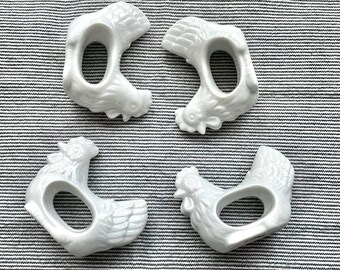 Four White Porcelain Rooster Napkin Rings * Made in Japan * Set of Four Chicken Shelf Sitters * Dining Accessory * Thanksgiving * Rustic