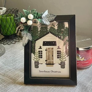 Farmhouse Christmas Framed Print * White Cabin Pine Trees Snowflakes * Shelf Sitter * Tiered Tray Decor * Pine White Berries Bow