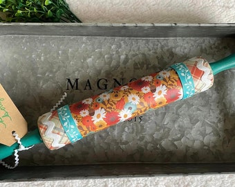 Upcycled Country Pioneer Rolling Pin * Floral * Teal Orange Red Blue Brown * Kitchen Decor * Pioneer Woman Style *