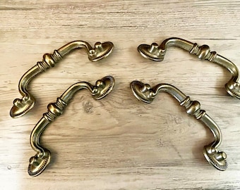 Set of Four MCM Vintage Ornate Drawer Pulls * Dresser Knobs * Drawer Knobs * Metal Brass Plated?   * PLEASE READ Description! * 7 Screws *