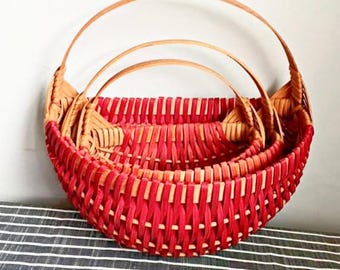 Set of Three Half Moon Woven Burgundy & Tan Nesting Baskets with Handles * Wall Hanging Baskets * Storage Baskets * Rustic Country Prim