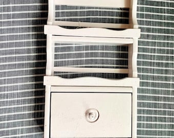 Vintage White Wood Wall Cupboard * Hanging Cupboard * Kitchen Sewing Craft Room * Scalloped Detail * Two Shelves & Drawer * Home Decor 15x9