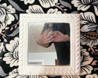 Distressed White Square Framed Mirror * Ornate Tabletop or Wall Mirror * 10.5 x 10.5 x 1 Inch * Chippy Mirror * Wall Decor