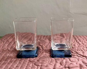 Set of Two MCM Vintage Cristal D'Arques Disaronno Amaretto Cocktail Glasses * Pink Hue & Navy Blue Square Pedestal Base * Mid Century Modern