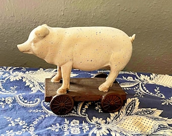 Folk Speckled Pig on Wheeled Cart Decor * Primitive Americana Pig Figurine * \