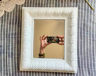 Vintage White Framed Ornate Mirror * Beveled Glass * 15 x 13 Inch * Square Mirror * Bedroom Living Room Entryway Home Decor