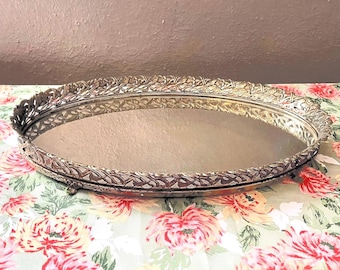 Vintage Oval Vanity Mirror * Oval Metal Base * Brass? * Ornate Dresser Mirror * Perfume or Cosmetic Tray * Vintage
