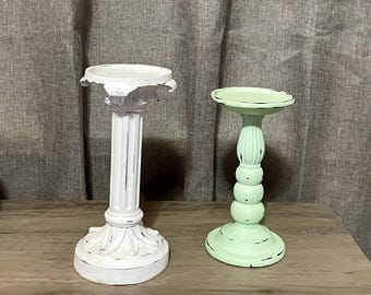 Set of Two Metal Farmhouse Candle Holders * Chippy White and Mint Green * Pillar Heavy Candleholders * Living Room * 7 and 8 Inch