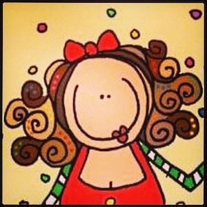May include: A cartoon illustration of a smiling woman with brown curly hair wearing a red dress and a red bow. The background is yellow with colorful confetti.