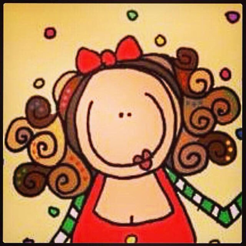 May include: A cartoon illustration of a smiling woman with brown curly hair wearing a red dress and a red bow. The background is yellow with colorful confetti.