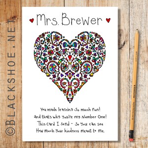 Personalised Teacher Card, Teaching assistant card, Custom Teachers card, heart, Card for best teacher, End of term gift, Teacher's Gift