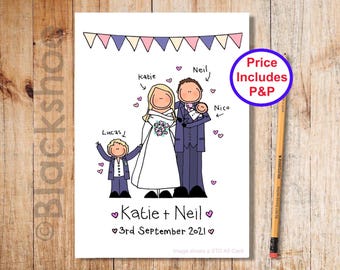 Personalized Hand-Drawn Wedding Card: Bespoke Keepsake bride and groom, Hand drawn, Blackshoe, Wedding Day, Custom, personalised