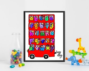 Alphabet portrait, bus, alphabet, children's alphabet, nursery print, abc print, Blackshoe, colourful art, colourful alphabet, learning art