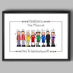Heathers gegoten portret, Heathers-print, Heathers ingelijste print, print musicals, Heathers-personages, Heathers-portret, Heathers-illustratie