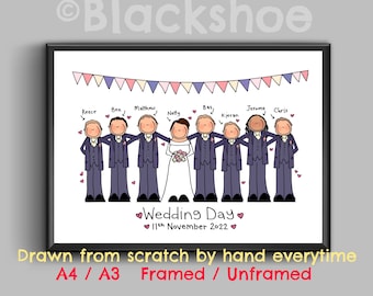 May include: A hand-drawn illustration of a wedding couple with their bridal party. The bride and groom are in the center, surrounded by their bridesmaids and groomsmen. The illustration is in black and white with pink and blue accents. The text "Wedding Day" and "11th November 2022" is included in the illustration.