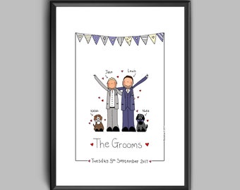 Mr & Mr, A4 Personalised Wedding portrait, Framed Wedding Illustration, Wedding Portrait, Wedding Day print, Bride and Groom illustration
