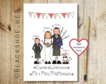 Schottische Hochzeitskarte, personalisierte Hochzeitskarte, maßgeschneiderte Hochzeitskarte, personalisiertes Hochzeitsgeschenk, Hand gezeichnete Hochzeitskarte, Kilt, scotland
