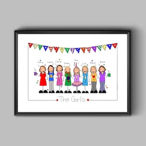 Stampa personalizzata delle amiche, Ritratto delle fidanzate di grandi dimensioni, Illustrazione personalizzata, Illustrazione del gruppo dei migliori amici, Disegno dei migliori amici, Amico