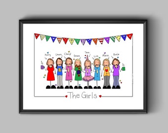 Custom Girlfriends Print, Large Girlfriends Portrait, Personalised Illustration,Best Friends Group Illustration, Best Friends drawing,Friend