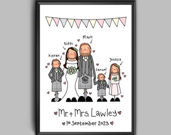 May include: A hand-drawn illustration of a wedding couple with their children. The bride and groom are wearing kilts and the children are dressed in matching outfits. The illustration is in a cartoon style and includes the names of the family members and the wedding date.