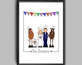 A4 Personalised Wedding portrait, Framed Wedding Illustration, Wedding Portrait, Mr & Mrs, Wedding Day print, Bride and Groom illustration