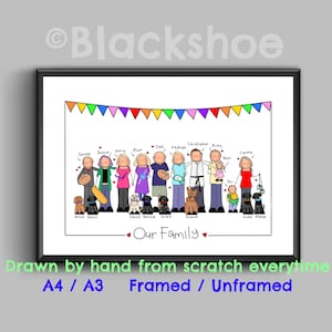 Personalised Family Portrait, including Pets, Family Gift, Custom Family Portrait, Hand drawn, Family picture, Our Family Portrait, Framed,