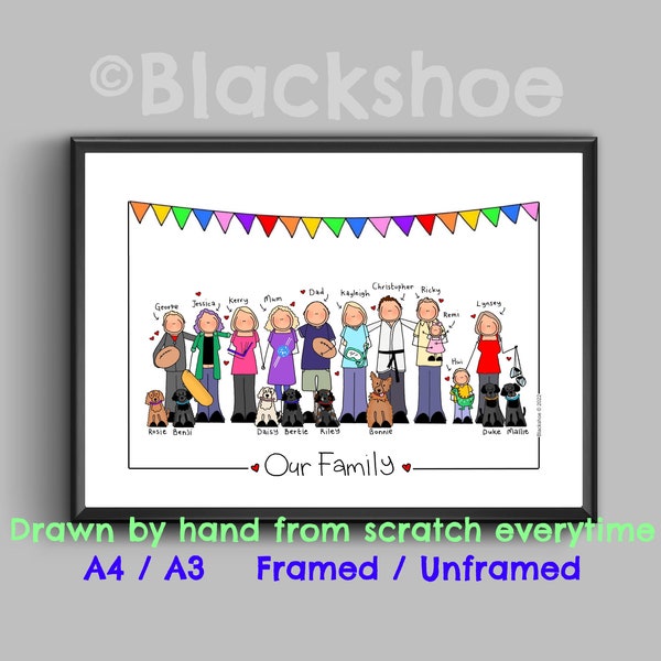 Personalised Family Portrait, including Pets, Family Gift, Custom Family Portrait, Hand drawn, Family picture, Our Family Portrait, Framed,