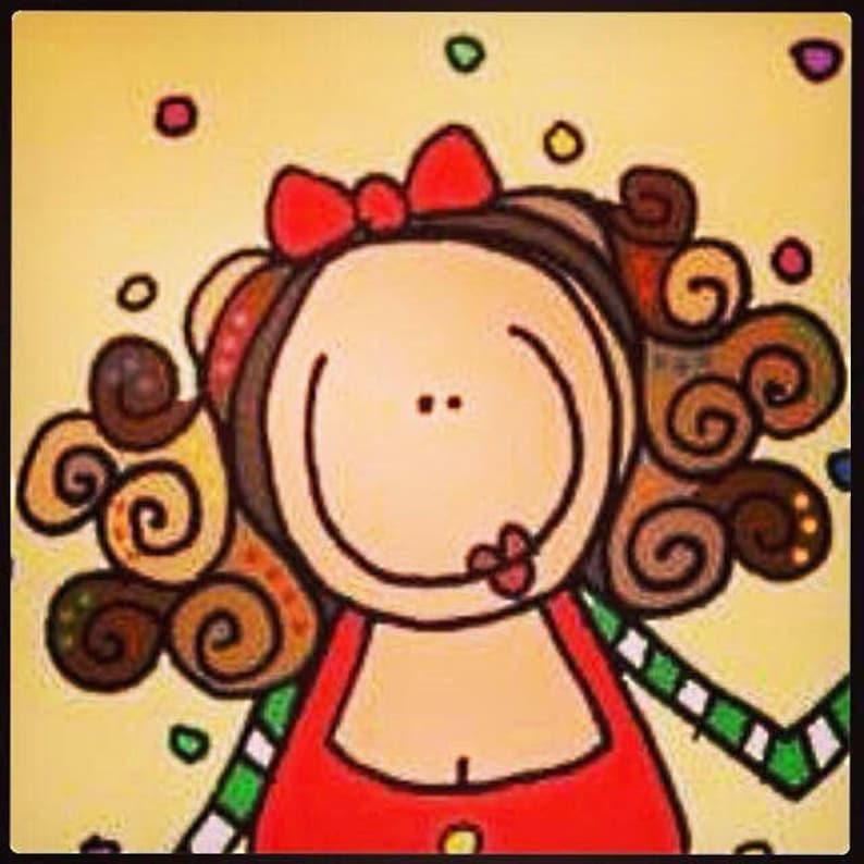 May include: A cartoon illustration of a smiling woman with brown curly hair, wearing a red dress with white and green stripes, and a red bow in her hair. The background is yellow with colorful confetti.