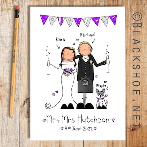 Schotse trouwkaart, gepersonaliseerde trouwkaart, op maat gemaakte trouwkaart, gepersonaliseerd huwelijkscadeau, handgetekende trouwkaart, kilt, Schots