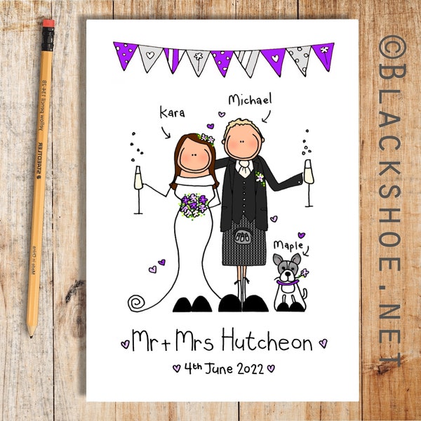 Scottish Wedding Card, Personalised Wedding Card, Bespoke Wedding Card, Personalised Wedding Gift, Hand drawn Wedding Card, Kilt, scottish