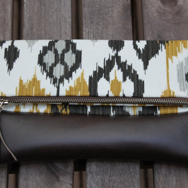 Linen Ikat Gold, Gray, and Brown Foldover clutch