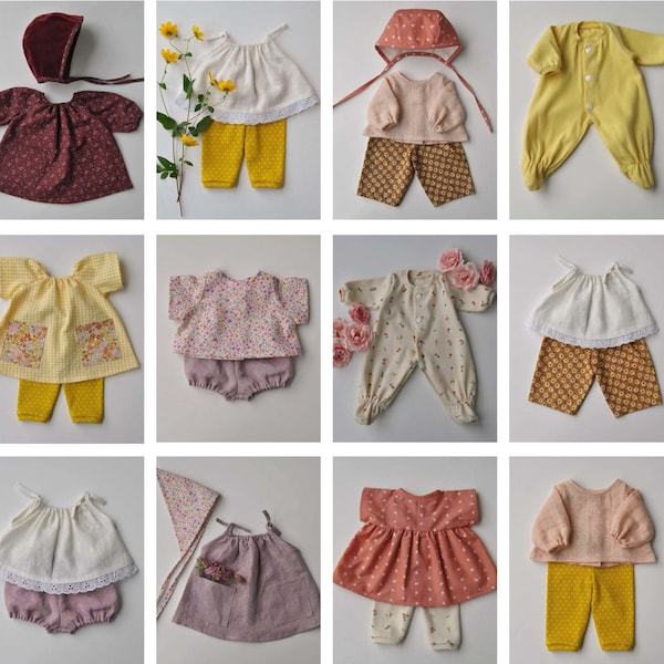 May include: A collection of 10 doll outfits in various styles and colors. The outfits include dresses, pants, shirts, and bonnets. The outfits are made from a variety of fabrics, including cotton, linen, and lace. 