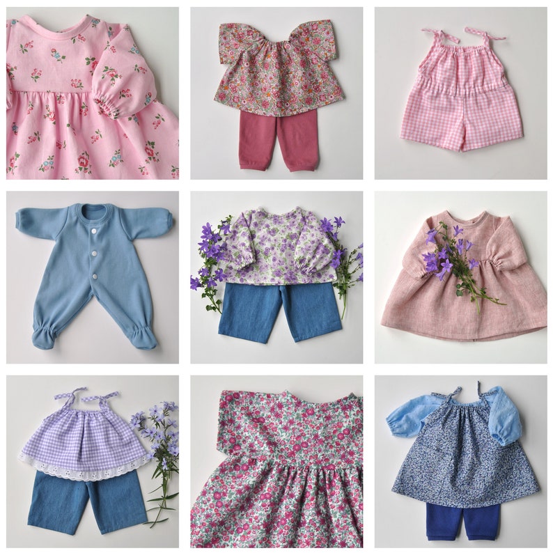 May include: Nine different doll outfits for a doll making or doll clothing project. The outfits include a pink floral dress, a pink and white gingham dress, a blue floral dress, a purple floral dress, a pink linen dress, a blue and white floral dress, a blue jumpsuit, a blue and white gingham dress, and a pink and white gingham jumpsuit.