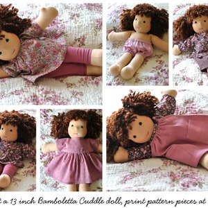 May include: A collage of five images showing different doll clothes for a 13 inch Bamboletta Cuddle doll. The clothes are in pink and floral patterns. The text "To fit a 13 inch Bamboletta Cuddle doll, print pattern pieces at 88%" is at the bottom of the image.