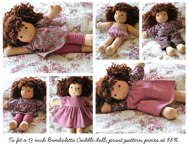 May include: A collage of five images showing different doll clothes for a 13 inch Bamboletta Cuddle doll. The clothes are in pink and floral patterns. The text "To fit a 13 inch Bamboletta Cuddle doll, print pattern pieces at 88%" is at the bottom of the image.