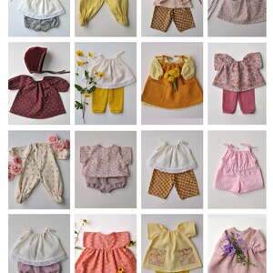 May include: A collection of 16 doll clothes patterns, featuring a variety of styles and colors, including floral prints, polka dots, gingham, and solid colors. The patterns include dresses, shirts, pants, and overalls.  Clothing patterns available to purchase separately.