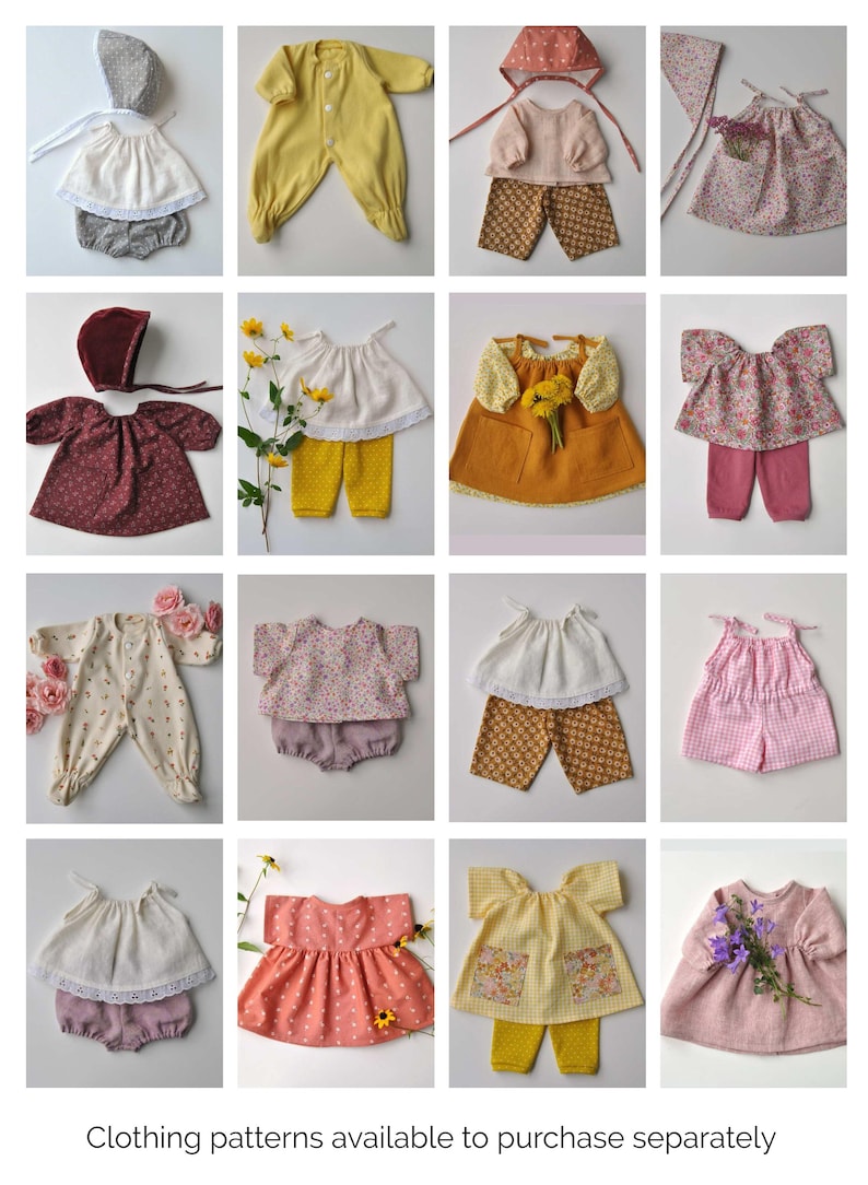 May include: A collection of 16 doll clothes patterns, featuring a variety of styles and colors, including floral prints, polka dots, gingham, and solid colors. The patterns include dresses, shirts, pants, and overalls.  Clothing patterns available to purchase separately.