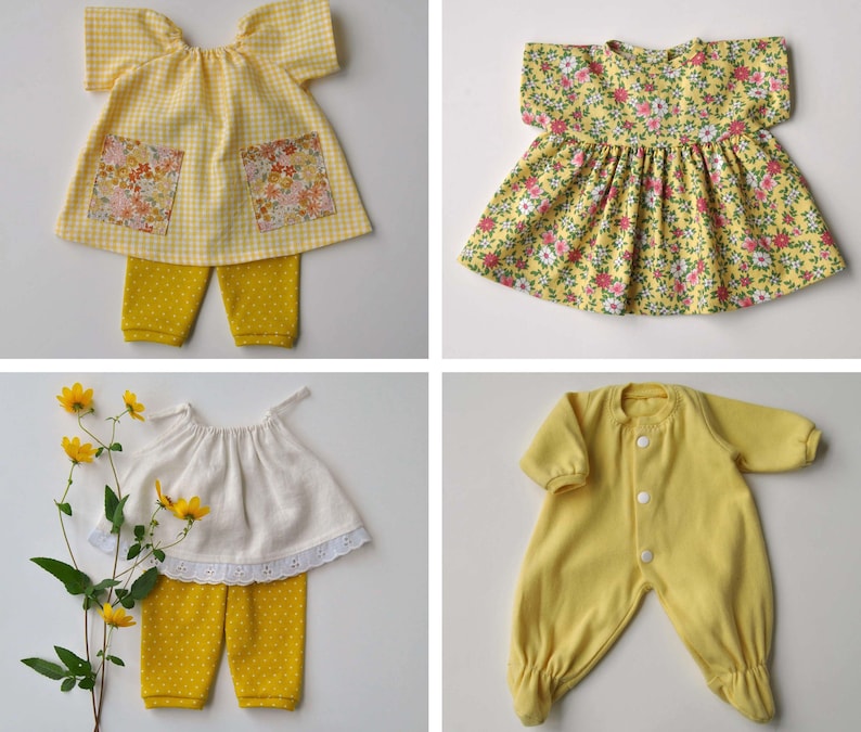 May include: Four different baby outfits in yellow and white. The first outfit is a yellow gingham dress with a matching pair of pants. The second outfit is a yellow floral dress. The third outfit is a white dress with a lace trim and a matching pair of yellow pants. The fourth outfit is a yellow onesie.