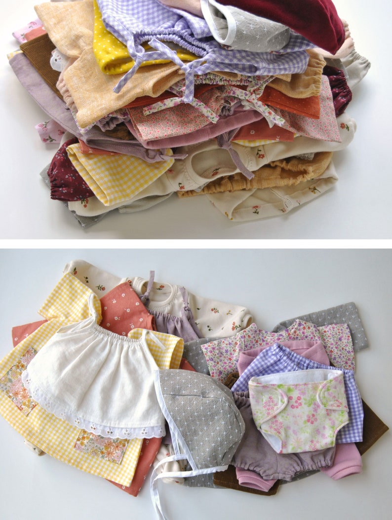 May include: A collection of doll clothes in various colors and patterns, including gingham, floral, and solid colors. The clothes are made of cotton fabric and are suitable for a small doll.