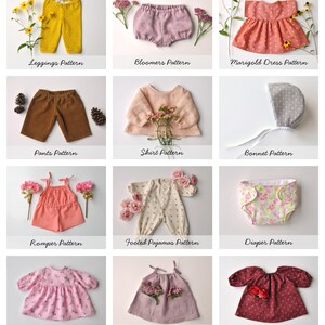 May include: A collection of 12 sewing patterns for baby clothes, including leggings, bloomers, a dress, pants, a shirt, a bonnet, a romper, footed pajamas, a diaper, a geranium dress, a lilac dress, and a rose dress.