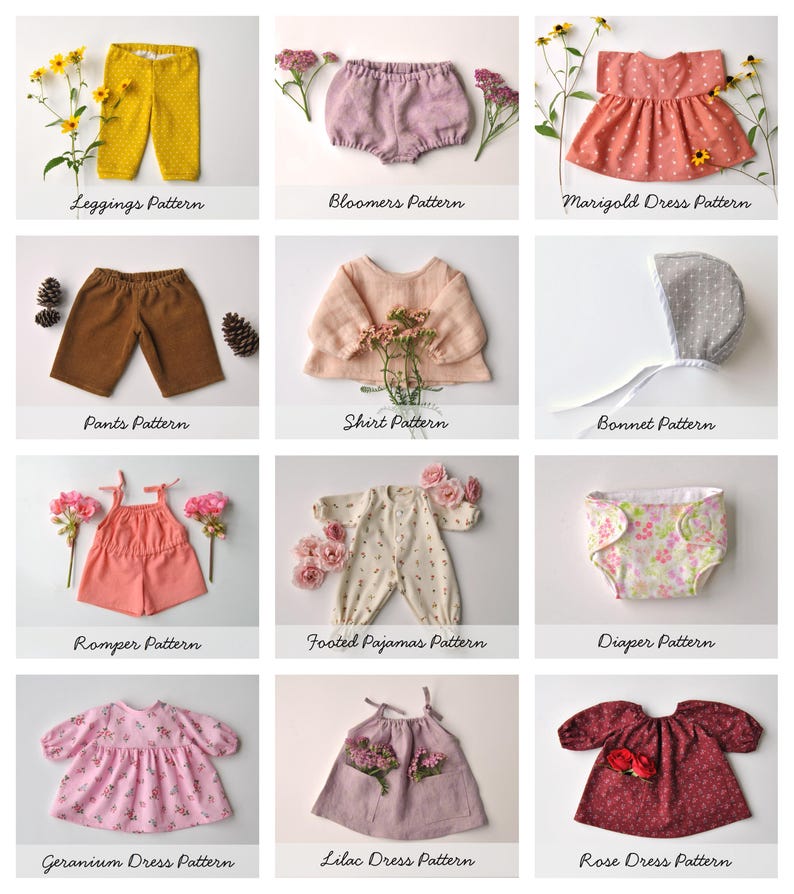 May include: A collection of 12 sewing patterns for baby clothes, including leggings, bloomers, a dress, pants, a shirt, a bonnet, a romper, footed pajamas, a diaper, a geranium dress, a lilac dress, and a rose dress.