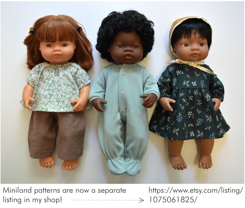 May include: Three dolls wearing different outfits. The doll on the left is wearing a light green floral top and brown pants. The doll in the middle is wearing a light blue onesie. The doll on the right is wearing a dark green floral dress.  Miniland patterns are now a separate listing in my shop! https://www.etsy.com/listing/1075061825/
