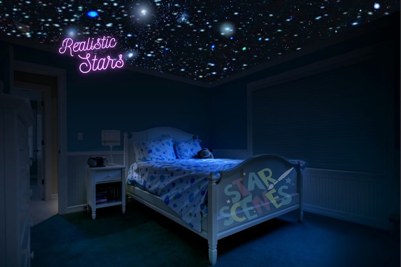 May include: A bedroom with a bed and a starry night sky projector. The projector creates a realistic starry sky effect on the ceiling. The bed has a white headboard with the words "Star Scenes" written on it. The room is painted a light blue color.