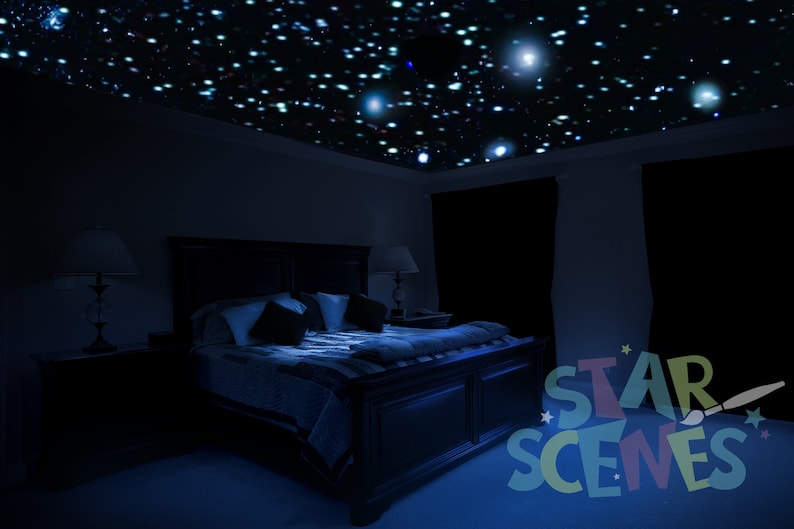 May include: A bedroom with a dark blue ceiling covered in twinkling white stars. A bed with a dark wood frame and a blue and white patterned comforter is in the center of the room. Two lamps are on nightstands on either side of the bed. The text "STAR SCENES" is on the floor in front of the bed.
