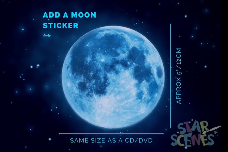 May include: A blue moon sticker, approximately 5 inches in diameter, with the text "ADD A MOON STICKER" and "SAME SIZE AS A CD/DVD". The sticker is on a dark blue background with white stars.