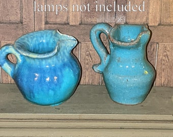 PR Dollhouse 1.25" Miniature Vintage Handmade Pottery Light Blue High Glaze Pitchers Ewer LG 1:12